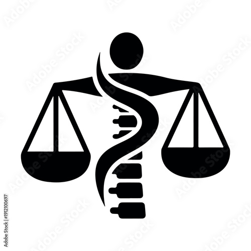 Justice and law concept DNA helix balanced on scales symbolizing genetic legal ethics and scientific fairness in black and white