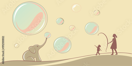 A whimsical scene of an elephant and a child chasing bubbles in a surreal landscape