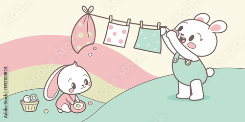 Two adorable teddy bears hanging out laundry on a clothesline