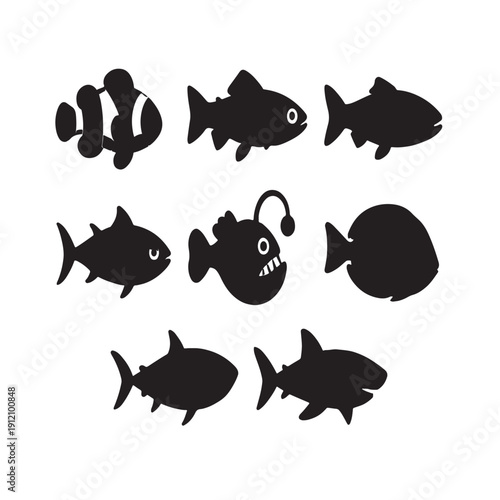 Collection of black fish silhouettes vector illustration on white background
