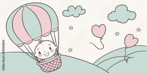 A cute bunny in a hot air balloon surrounded by floating hearts and clouds