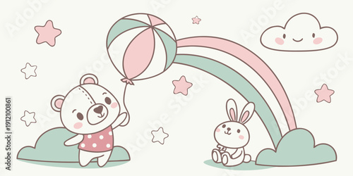 Two adorable rabbits sitting on a cloud, holding a rainbow balloon in a whimsical scene