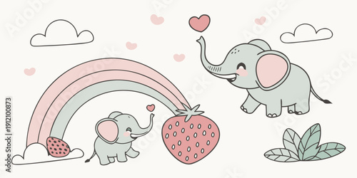 A whimsical illustration of elephants and clouds in a vibrant, dreamy landscape