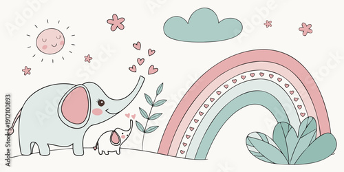A whimsical illustration of an elephant with a rainbow and clouds in the background
