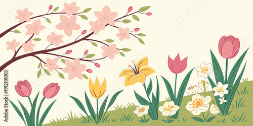 A vibrant spring garden filled with colorful flowers and blooming trees