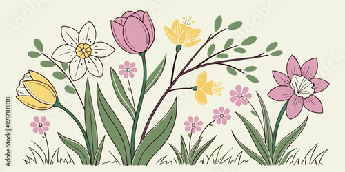 A vibrant bouquet of flowers in full bloom with a variety of colors and types