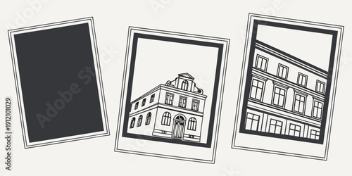 Three smartphones displaying images of buildings on their screens