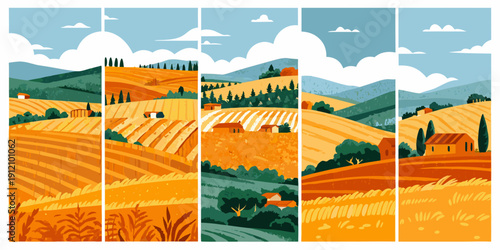 Panoramic landscape featuring rolling hills fields and distant mountains