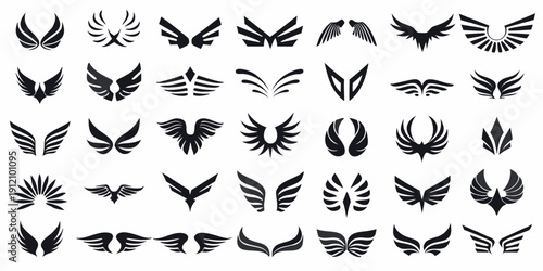 Collection of abstract black wing designs and emblems in various styles