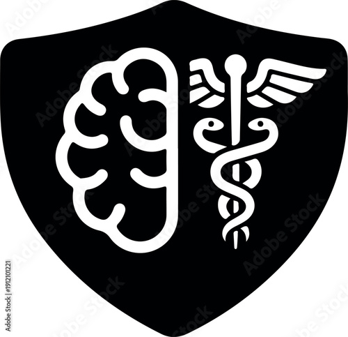 Medical emblem shield with caduceus and DNA helix symbol for healthcare science and genetic research logo design