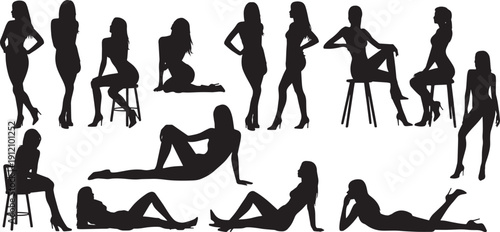 silhouettes set beautiful women various lying, sitting and standing poses isolated on white background. vector illustration