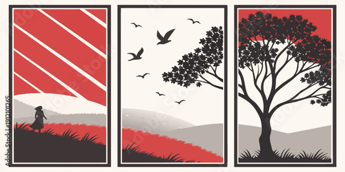 A dramatic scene of a lone figure standing on a cliff with birds flying overhead.