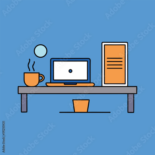 Workspace with laptop computer coffee cup and desktop on blue background