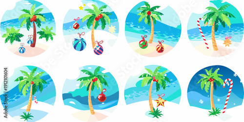 Tropical island scenes with palm trees and christmas decorations
