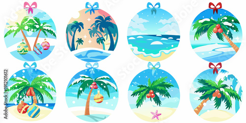 Tropical christmas egg decorations with palm trees beaches and ornaments