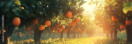 A vibrant orchard with ripe fruit hanging from trees and sunlight filtering through the branches, 