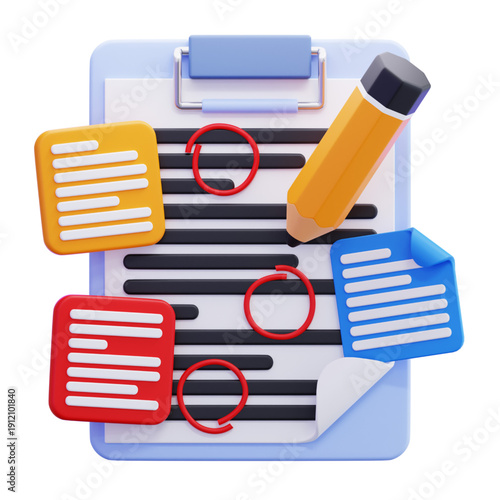 3D illustration of a checklist with a pencil and red circles for grading