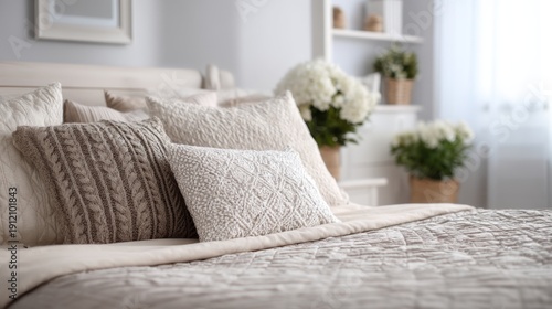 A cozy bedroom with a bed adorned with a variety of knitted pillows and a white quilt, surrounded by potted plants and a window with white curtains.