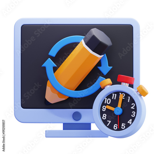 3D Computer Monitor with Pencil and Stopwatch Icon for Editing and Time Management