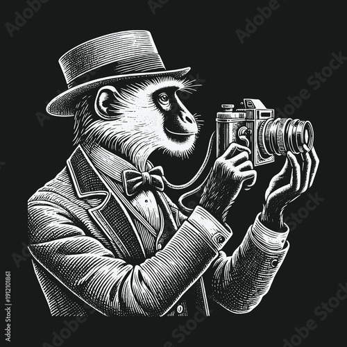 Monkey Photographer in Suit: A Vintage-Inspired Illustration.