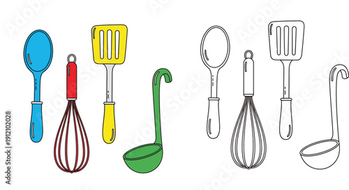 Set of kitchen utensils vector illustration including spoon, whisk, spatula, and ladle in colored and black and white outline doodle style isolated on white background.