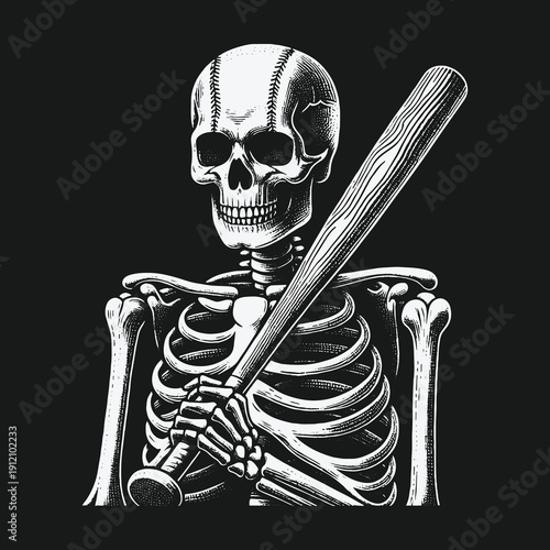 Skeleton Baseball Player with Bat: A Striking Sports Illustration.