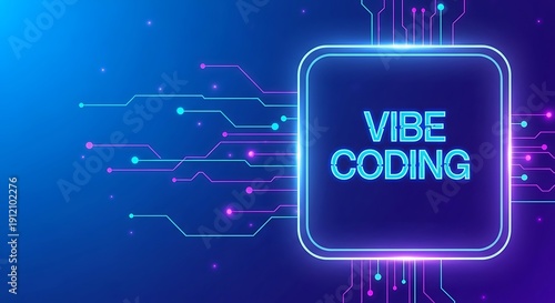Neon lit vibe coding circuit board with glowing lines and dots on blue background