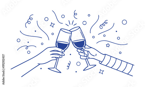 Celebration toast line art illustration with wine glasses vector illustration, easily editable.