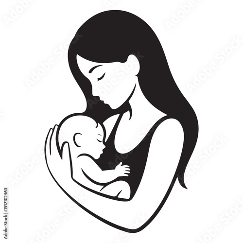Silhouette of a mother embracing her sleeping baby representing a peaceful and loving maternal bond
