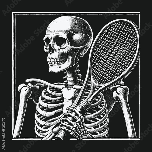 Skeleton Athlete: A Grim Reapers Tennis Match in Monochrome.