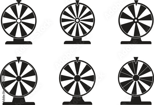 Set of six black and white prize wheel icons for gaming and lottery