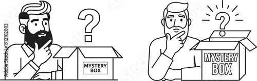 Curious man thinking about mystery box with question mark