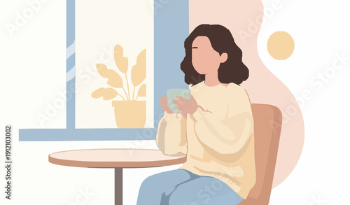 Serene Coffee Break: An illustrated individual indulges in a moment of tranquility, holding a cup of coffee and gazing out the window, savoring the peaceful ambiance.A beautiful cartoon illustration o