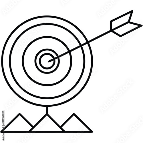 Archery target board with arrow hitting bullseye icon representing goal achievement success
