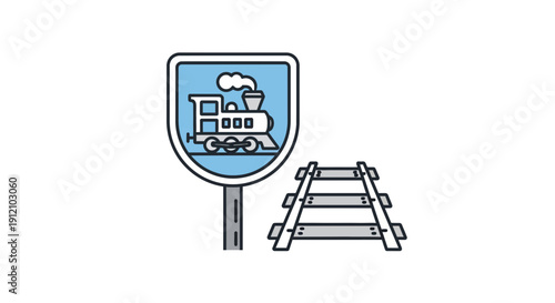 Train approaching railway station sign with tracks viewed from the front