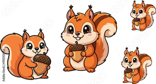 Adorable collection of cartoon eastern gray squirrels showcasing their large bushy tails while happily clutching nutritious brown acorns for winter storage preparations