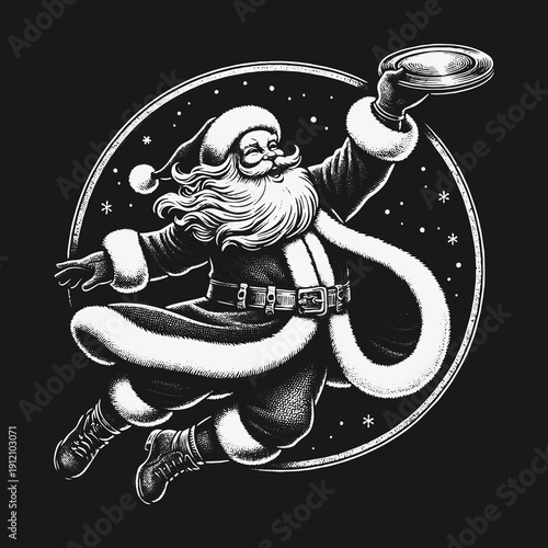 Santa Claus throwing a frisbee in a festive scene.
