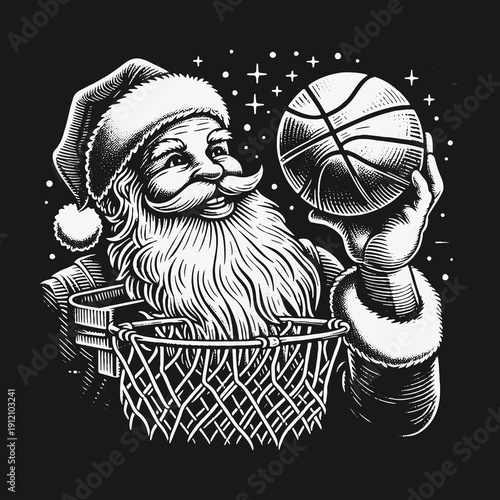 Santas Slam Dunk: A Christmas Basketball Celebration in Monochrome.