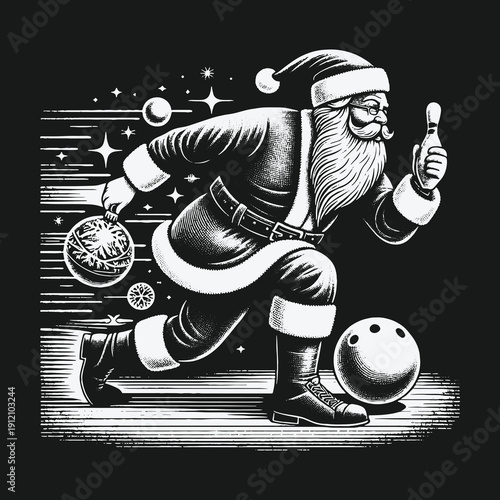 Santas Strike: A Christmas Bowling Celebration in Black and White.