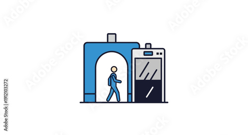 Person entering a building with a WiFi zone sign and a vending machine nearby in a simple illustration style
