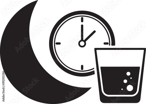 Ramadan suhoor concept with crescent moon, clock indicating early morning, and glass of water before fasting begins