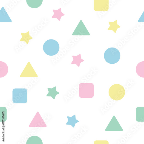 Cute pastel geometric shapes seamless pattern with circles, triangles, stars, and squares. Minimalist educational background for kids learning materials and nursery room
