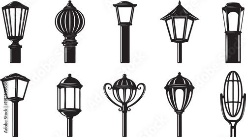 Collection of vintage street lamps and lampposts with ornate designs and classical styles