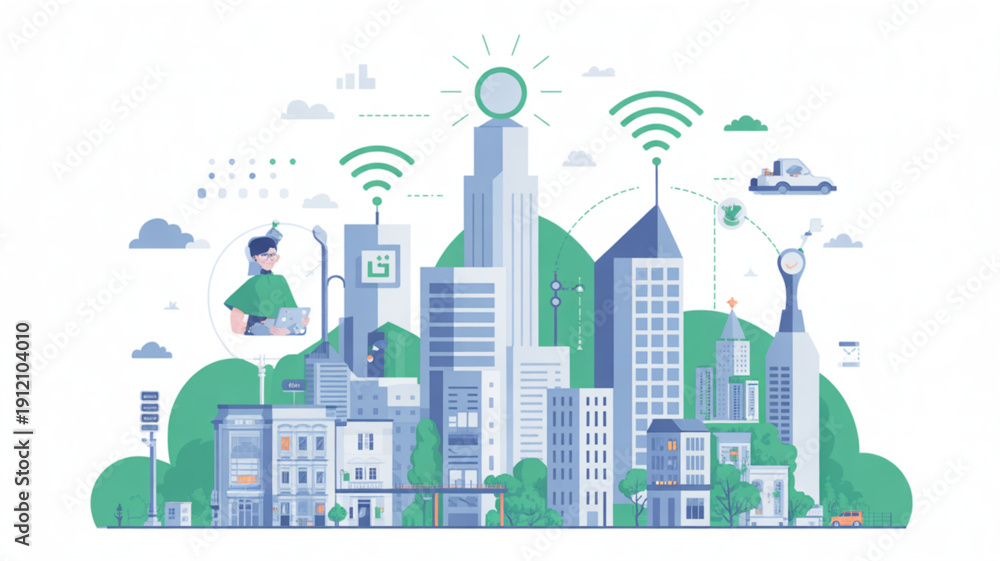 Fototapeta premium Green City Vector Illustration with Eco Friendly Buildings, Renewable Energy Sources, Solar Panels, Wind Turbines, Trees, Clean Environment and Sustainable Urban Development Concept