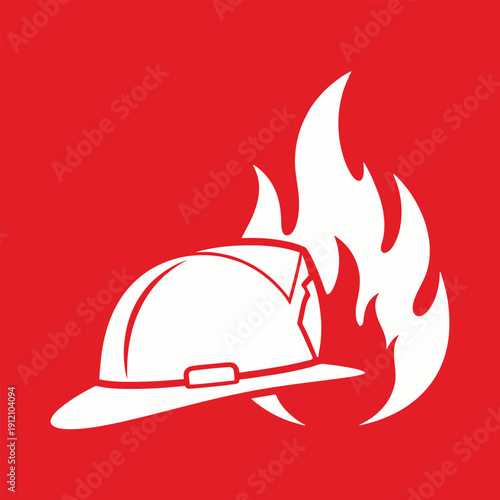 White firefighter helmet with flames on a vibrant red background, symbolizing fire safety and emergency services.