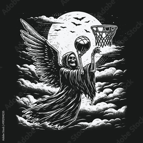 Grim Reapers Celestial Dunk: A Monochrome Basketball Spectacle.