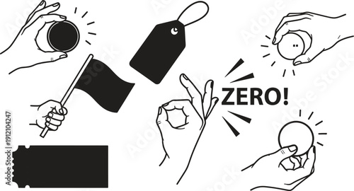 Hands holding objects with zero concept and flag