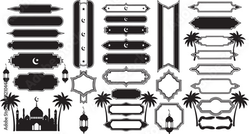 Set of six ramadan kareem lantern designs with crescent moon and stars in black and white on transparent background
