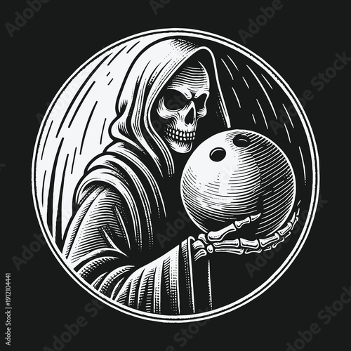 Grim Reapers Strike: A Haunting Bowling Game Illustration.