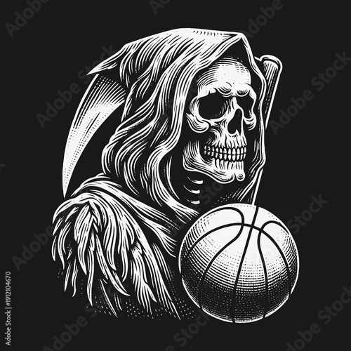 Grim Reapers Game: A Haunting Basketball Illustration with Striking Detail.
